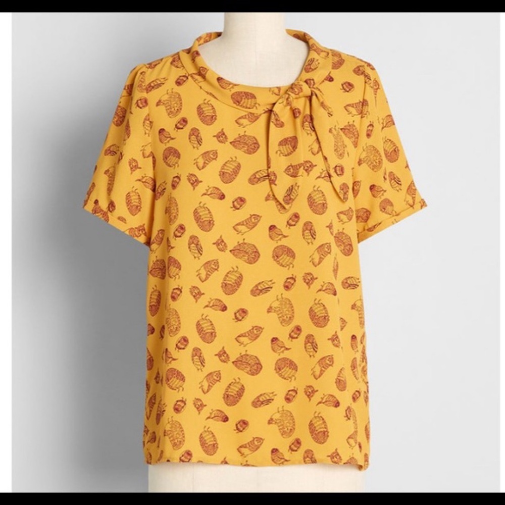 ModCloth Curry Owl Sketch Recycled Fabric Tie Neck Blouse